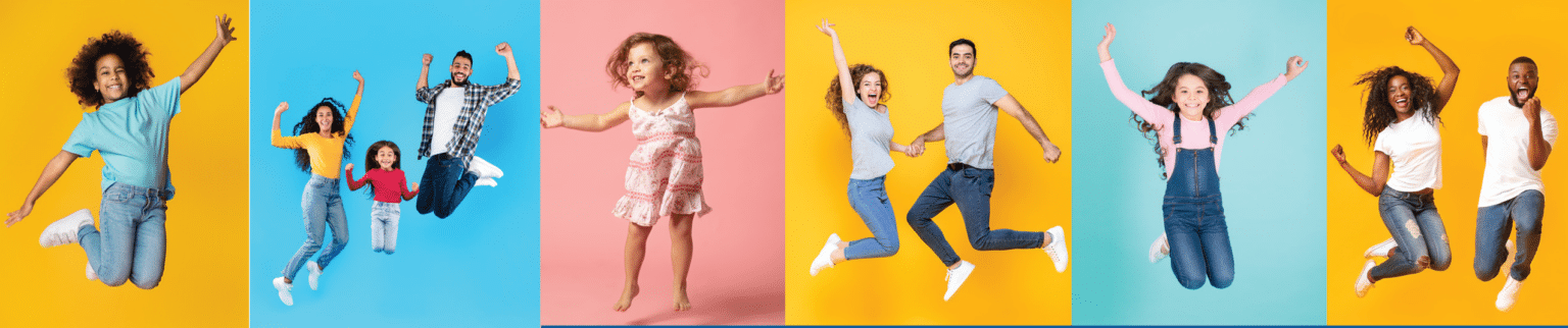 An image made up of color blocks with children jumping in each block.