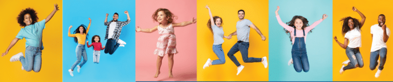 An image made up of color blocks with children jumping in each block.